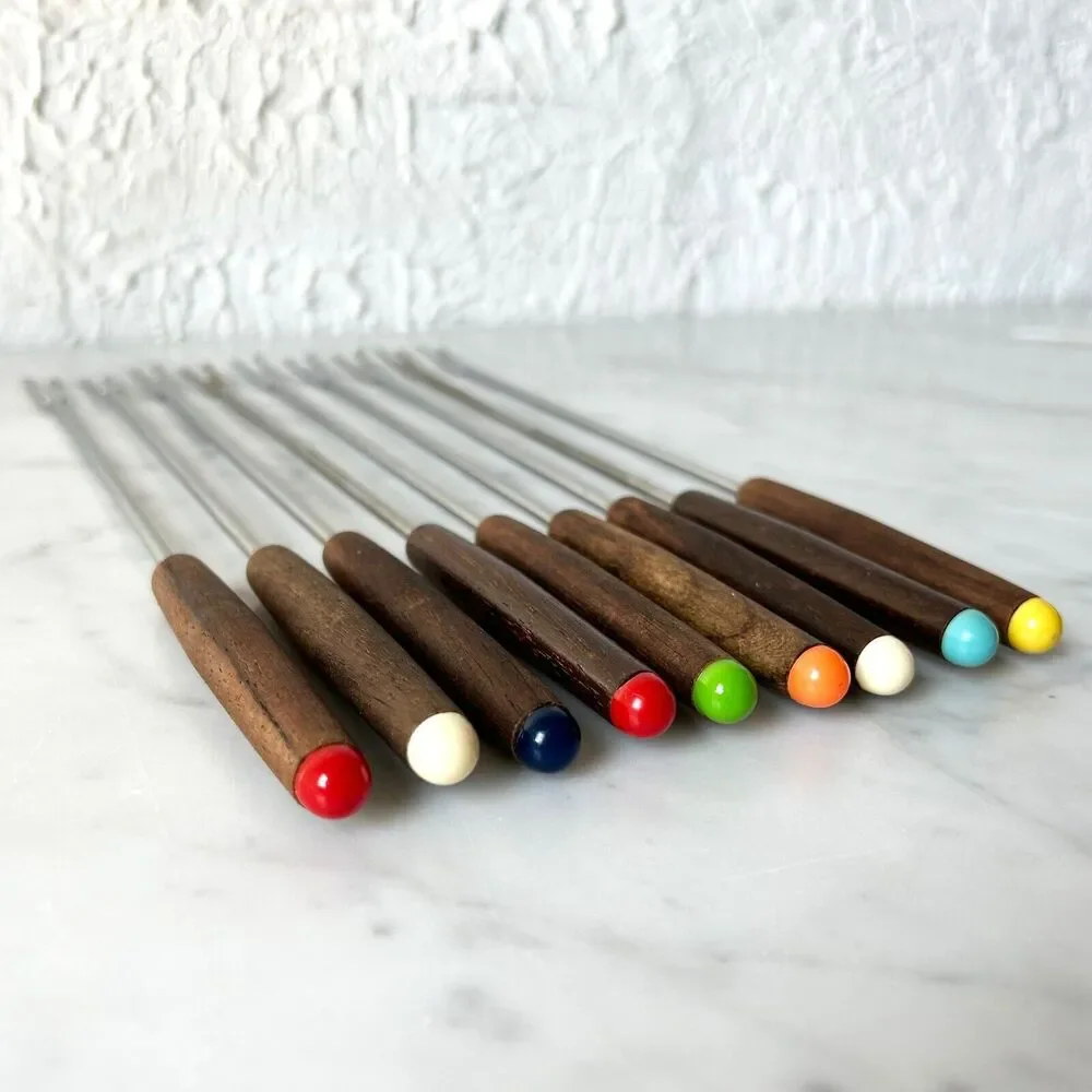 Vintage Fondue Forks Set 9 Stainless Steel Wood Handles Color Tips Box MCM